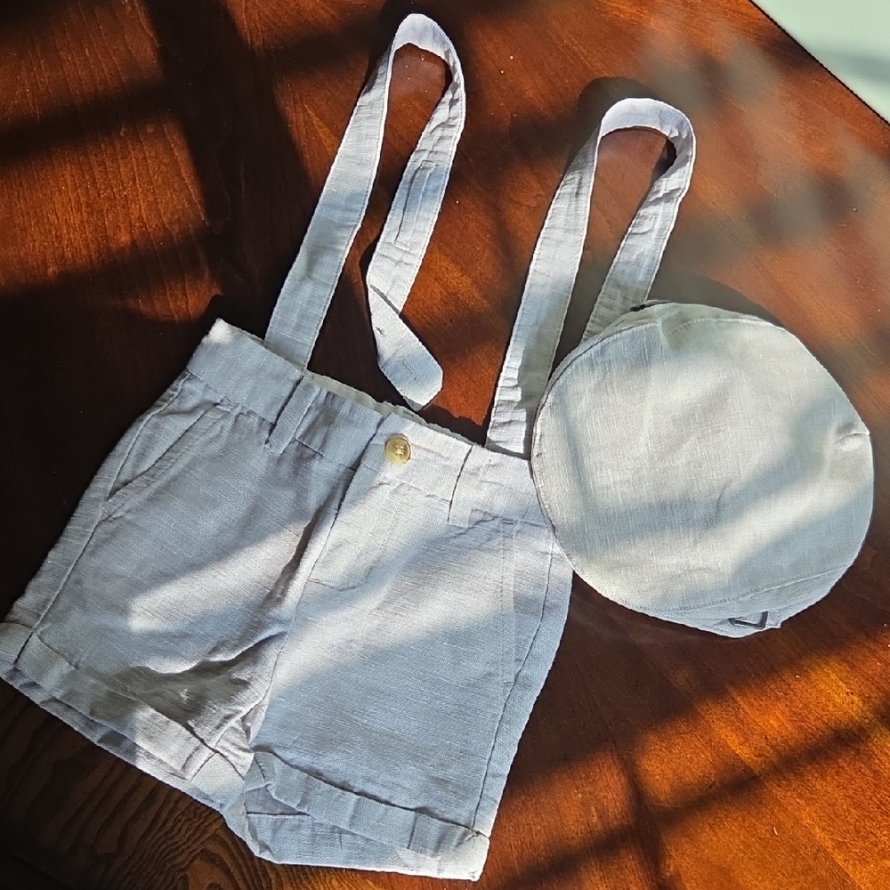 Janie and Jack Light Gray Suspender Shorts with Hat